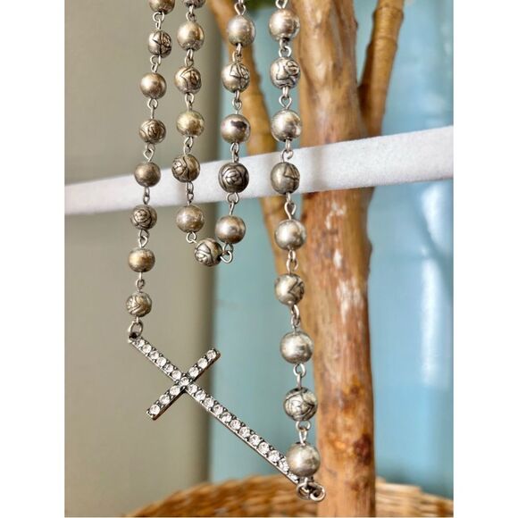 Jewelry - Silver Tone Rosary Style Beaded Cross Necklace Long